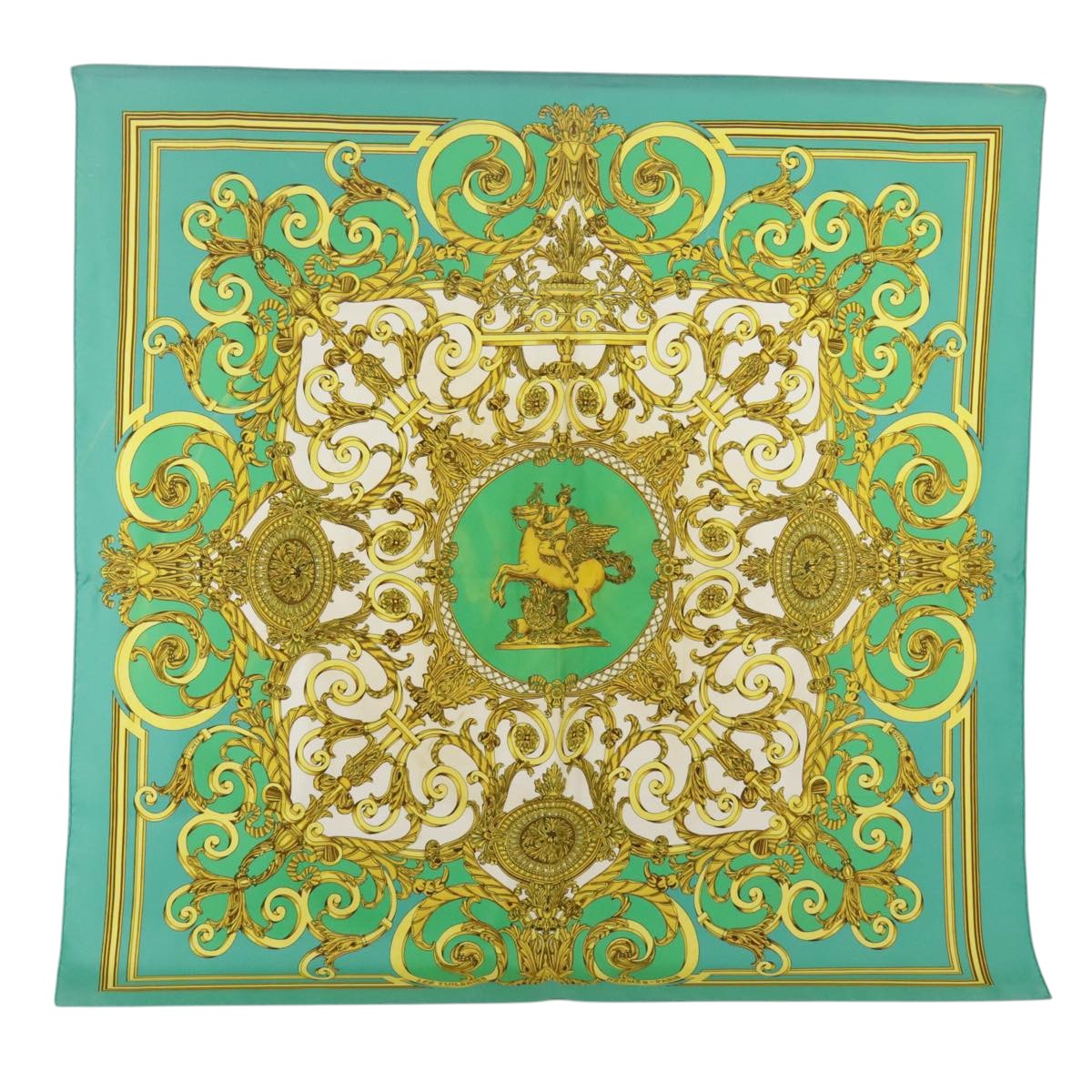 HERMES Carre 90 Scarf ""LES TUILERIES"" Silk Green Yellow Auth 99949