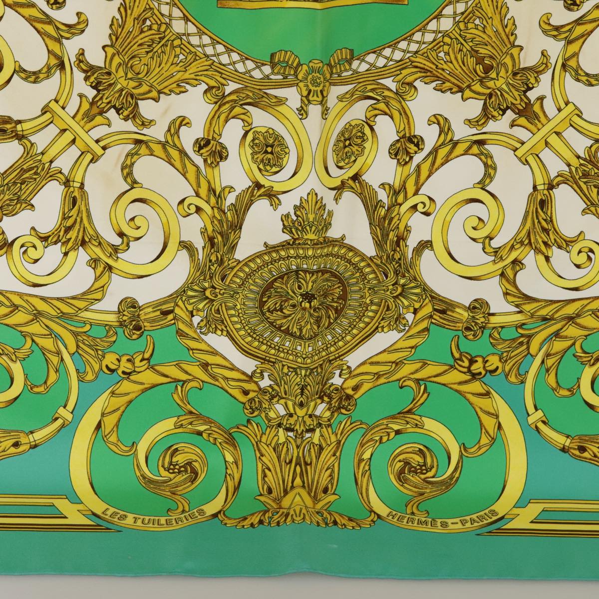 HERMES Carre 90 Scarf ""LES TUILERIES"" Silk Green Yellow Auth 99949