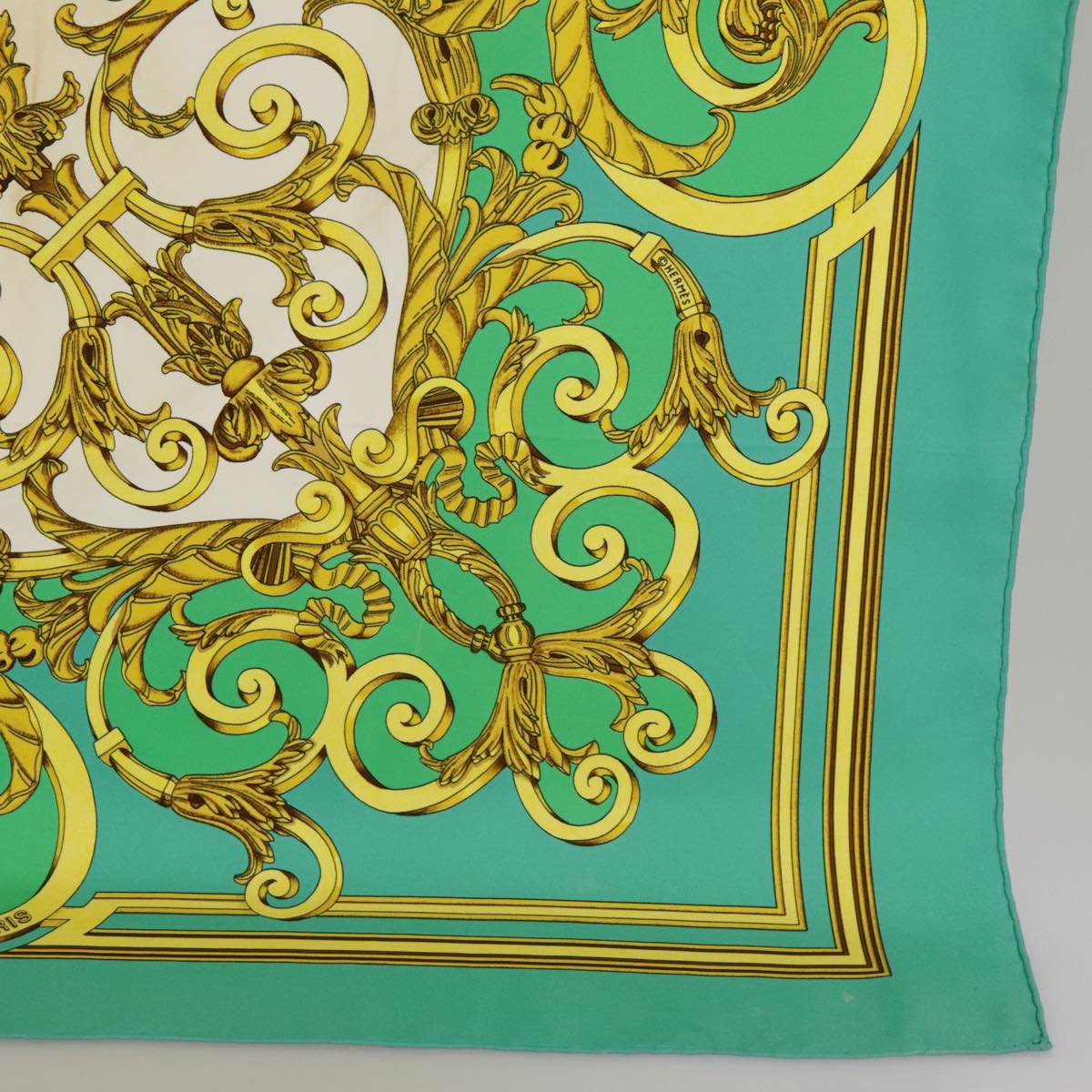 HERMES Carre 90 Scarf ""LES TUILERIES"" Silk Green Yellow Auth 99949