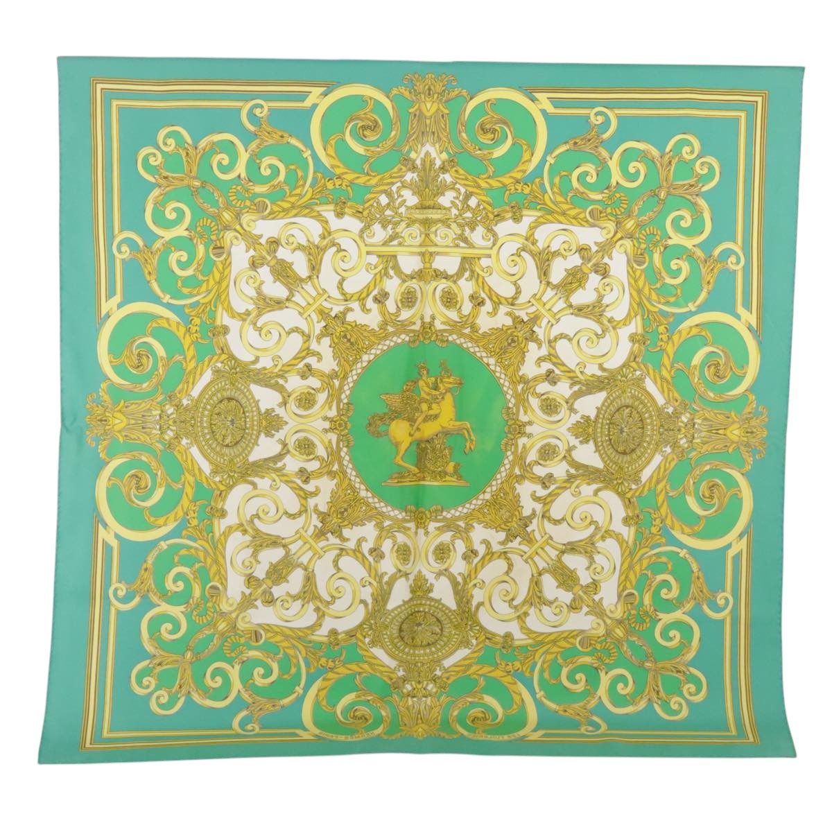 HERMES Carre 90 Scarf ""LES TUILERIES"" Silk Green Yellow Auth 99949