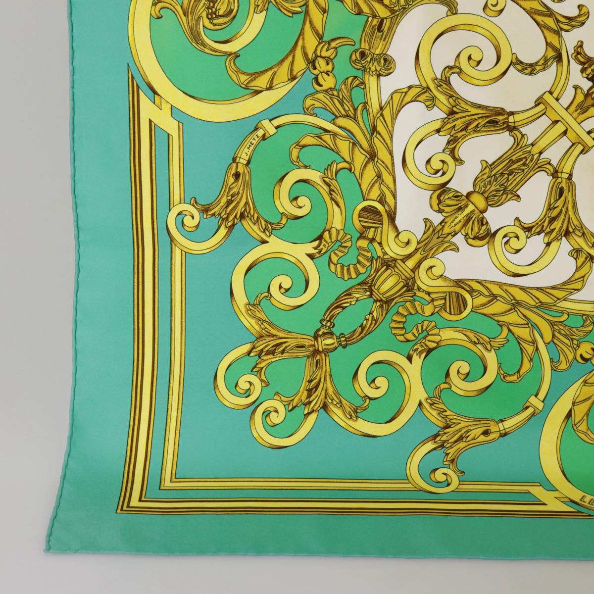 HERMES Carre 90 Scarf ""LES TUILERIES"" Silk Green Yellow Auth 99949