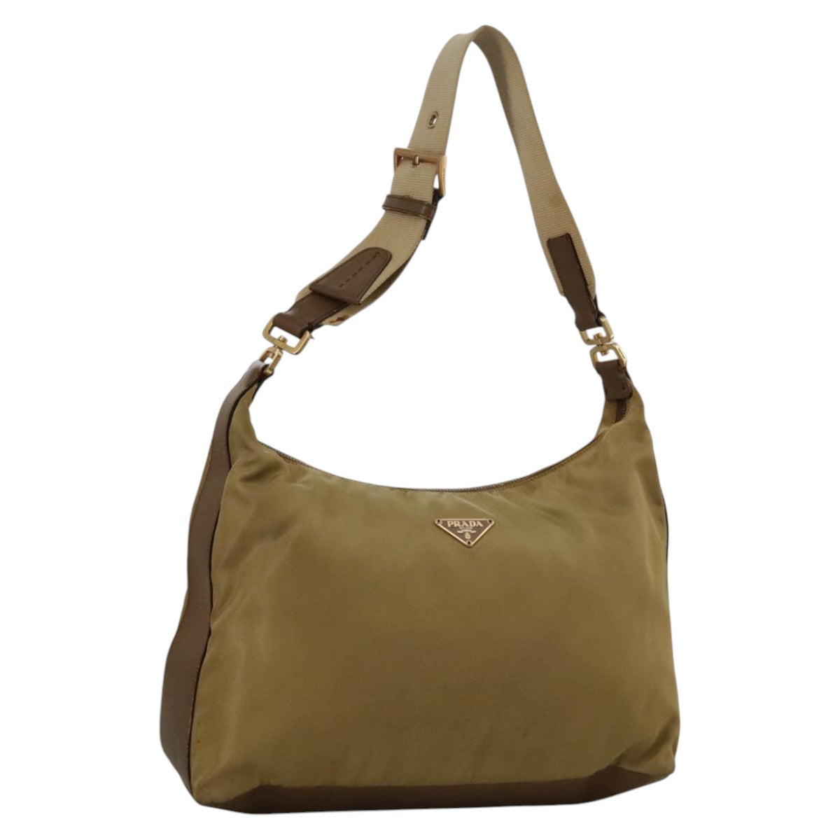 PRADA Shoulder Bag Nylon Leather Beige Gold Auth 99957