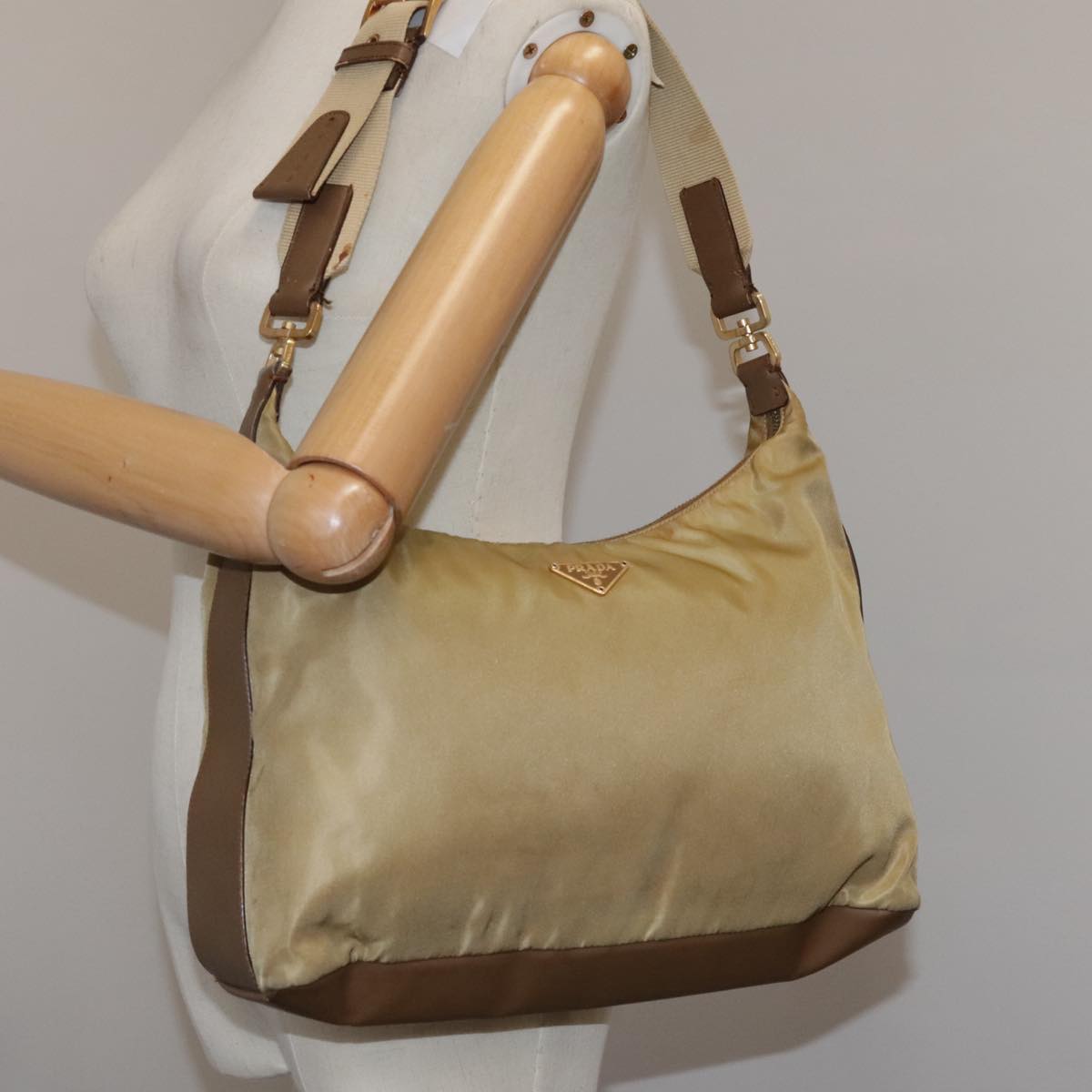 PRADA Shoulder Bag Nylon Leather Beige Gold Auth 99957