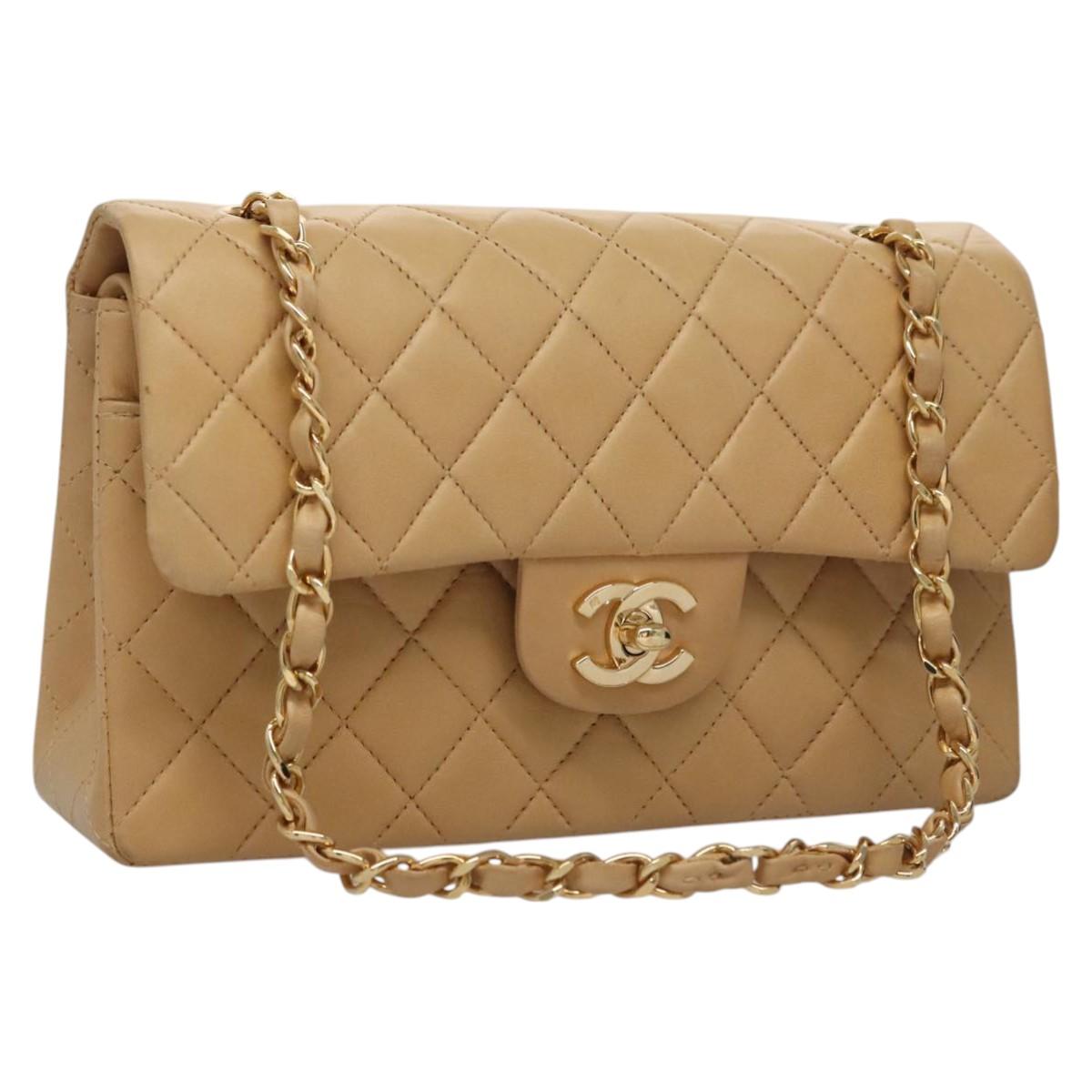 CHANEL Matelasse 25 Chain Shoulder Bag Lamb Skin Beige Gold CC Auth 99970SAV