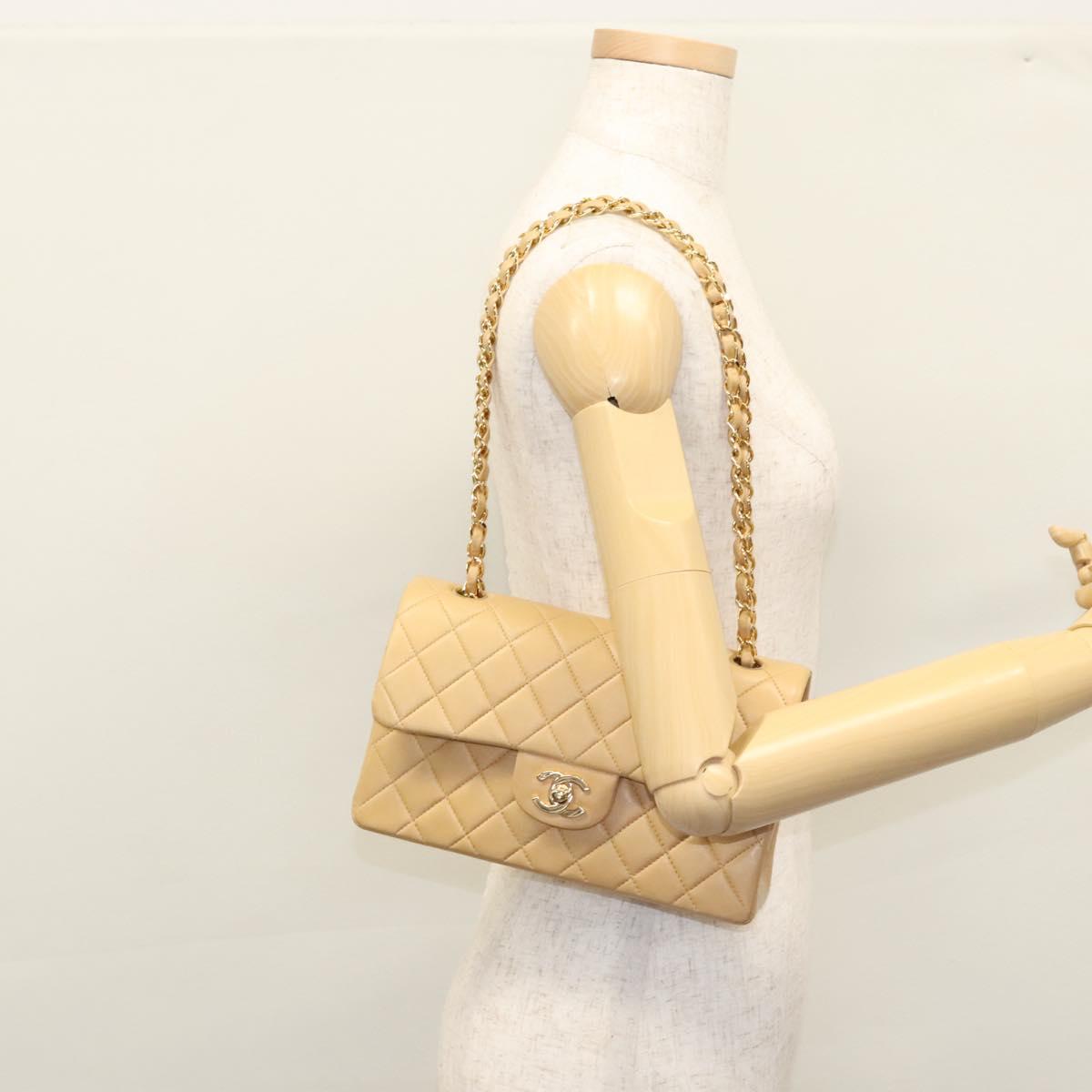 CHANEL Matelasse 25 Chain Shoulder Bag Lamb Skin Beige Gold CC Auth 99970SAV