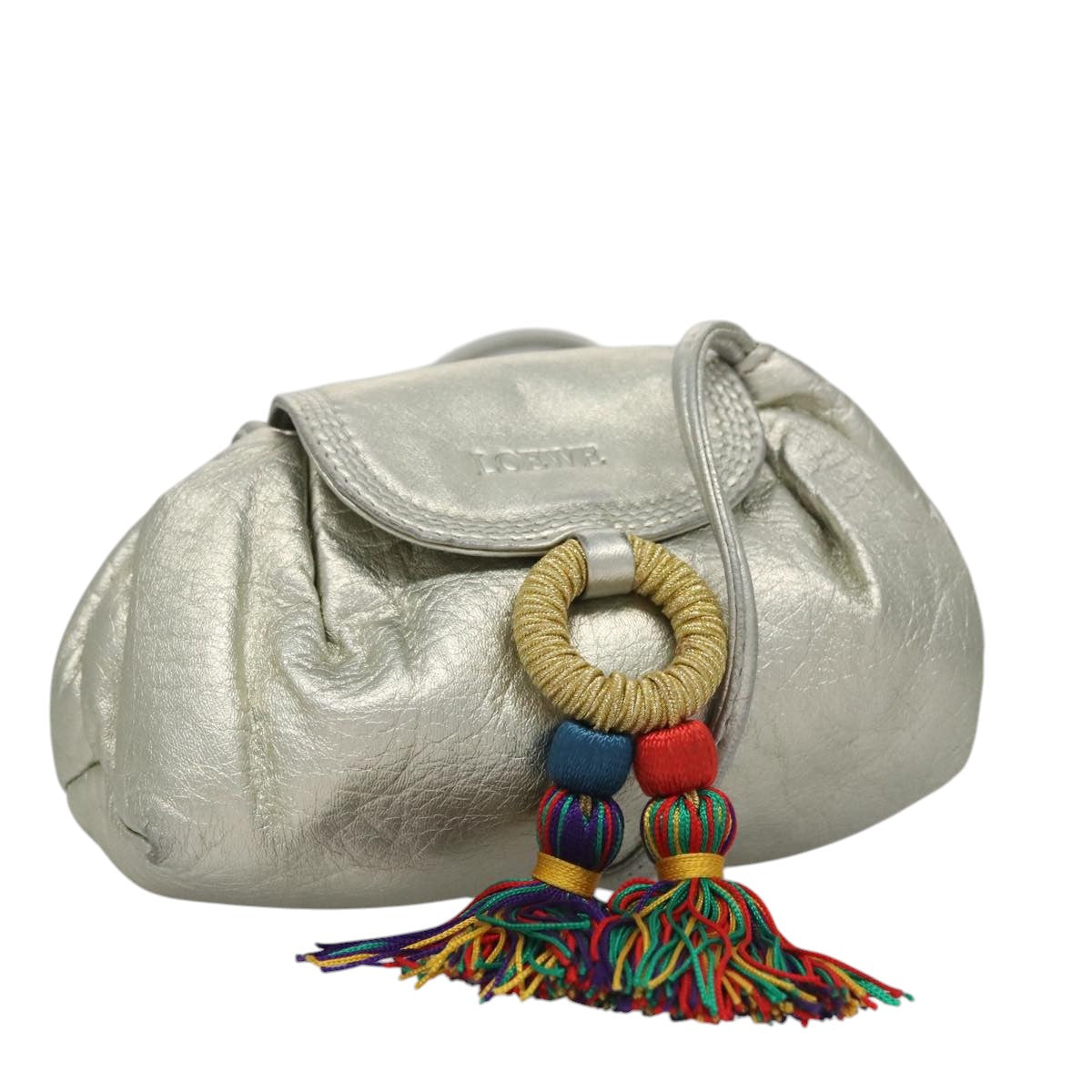 LOEWE Fringe Shoulder Bag Leather Silver tone Auth 99979