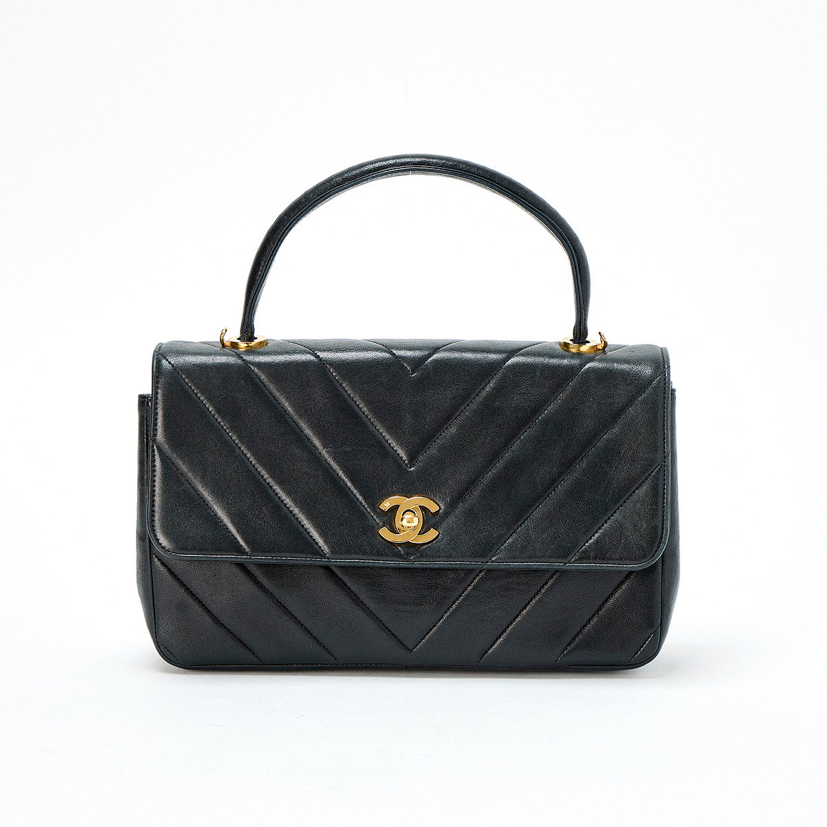 CHANEL V-stitch circa 1992 Handbag Black Lamb Skin Auth