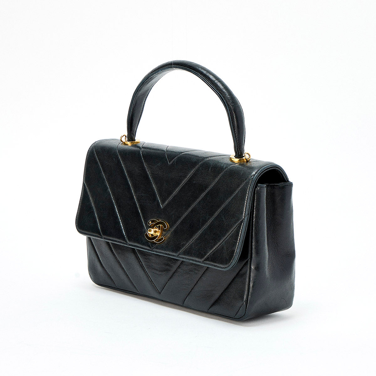 CHANEL V-stitch circa 1992 Handbag Black Lamb Skin Auth