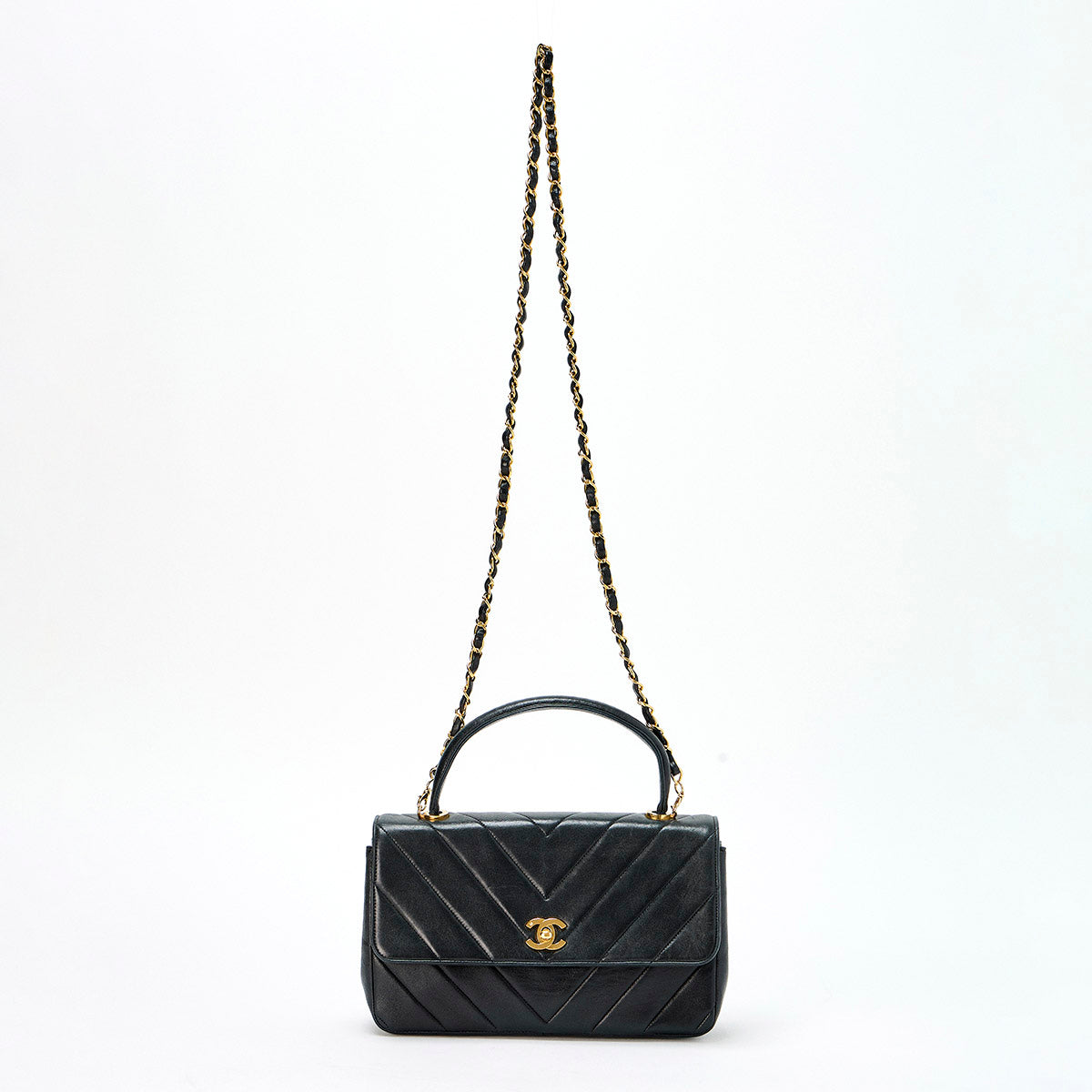 CHANEL V-stitch circa 1992 Handbag Black Lamb Skin Auth