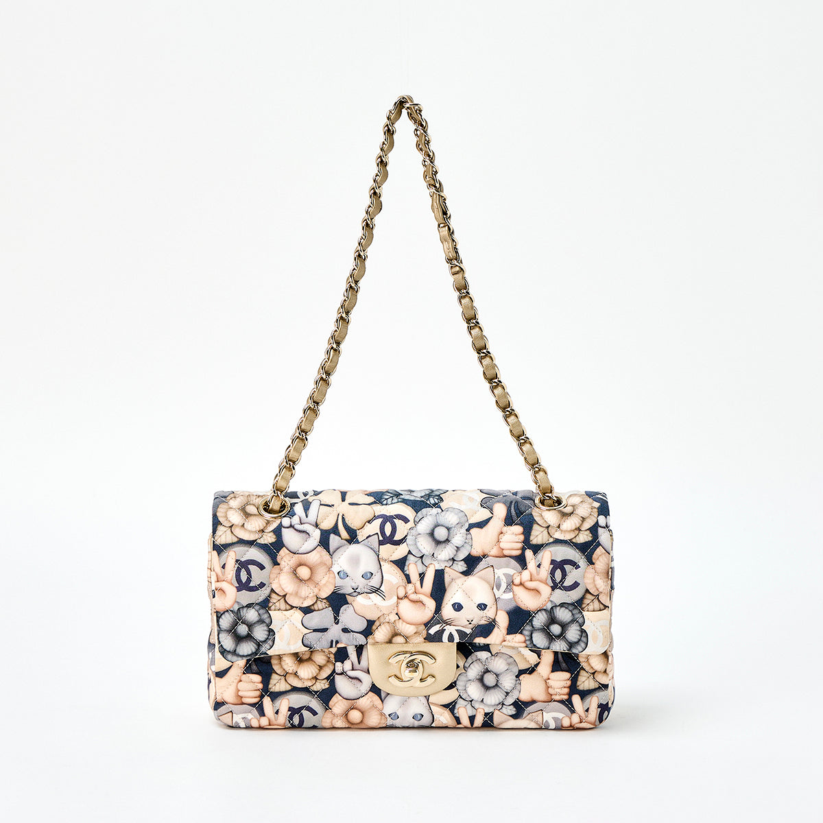 CHANEL Matelasse Cat Motif 25 2016 Shoulder Bag Navy Gold Grey Gold Nylon Auth