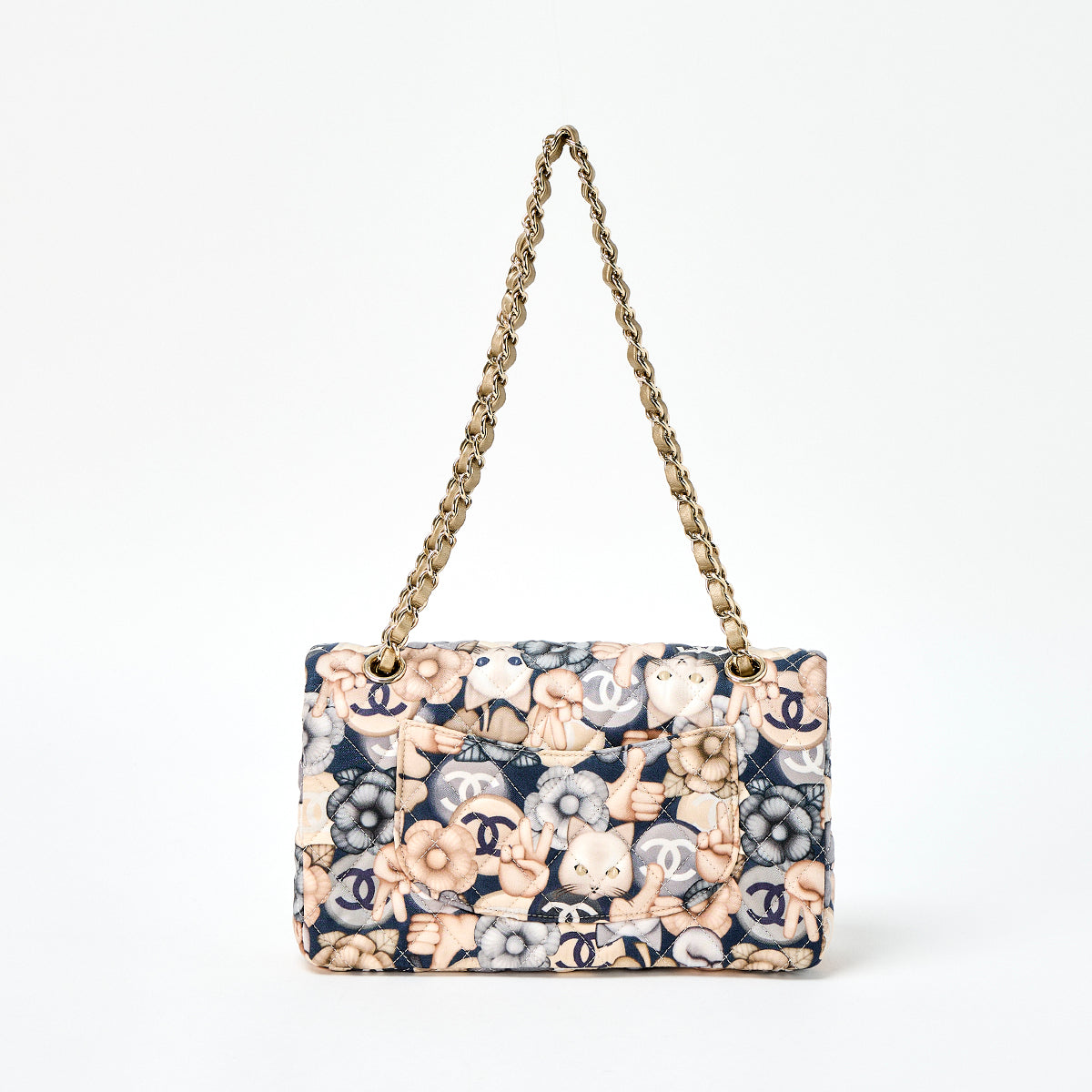 CHANEL Matelasse Cat Motif 25 2016 Shoulder Bag Navy Gold Grey Gold Nylon Auth