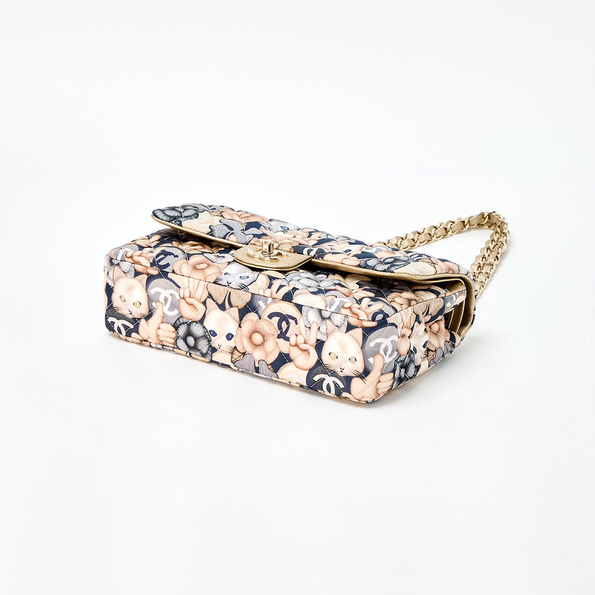 CHANEL Matelasse Cat Motif 25 2016 Shoulder Bag Navy Gold Grey Gold Nylon Auth