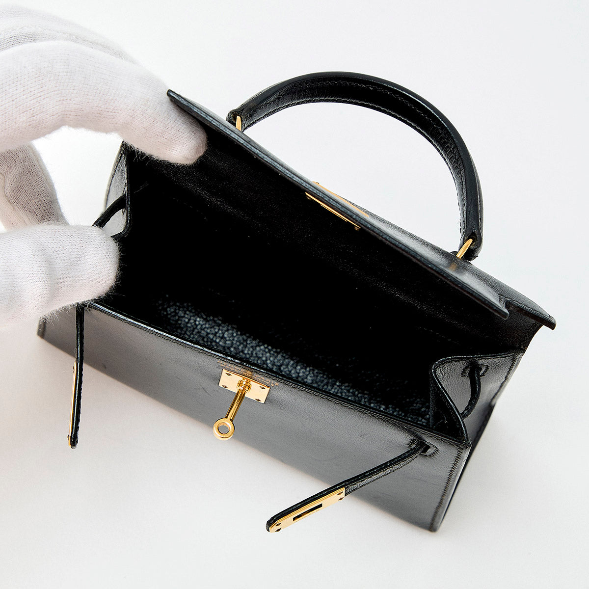 HERMES Kelly Mini Mini Kelly 1995 笳ｯY Hand Bag Noir Gold Box Scarf Auth
