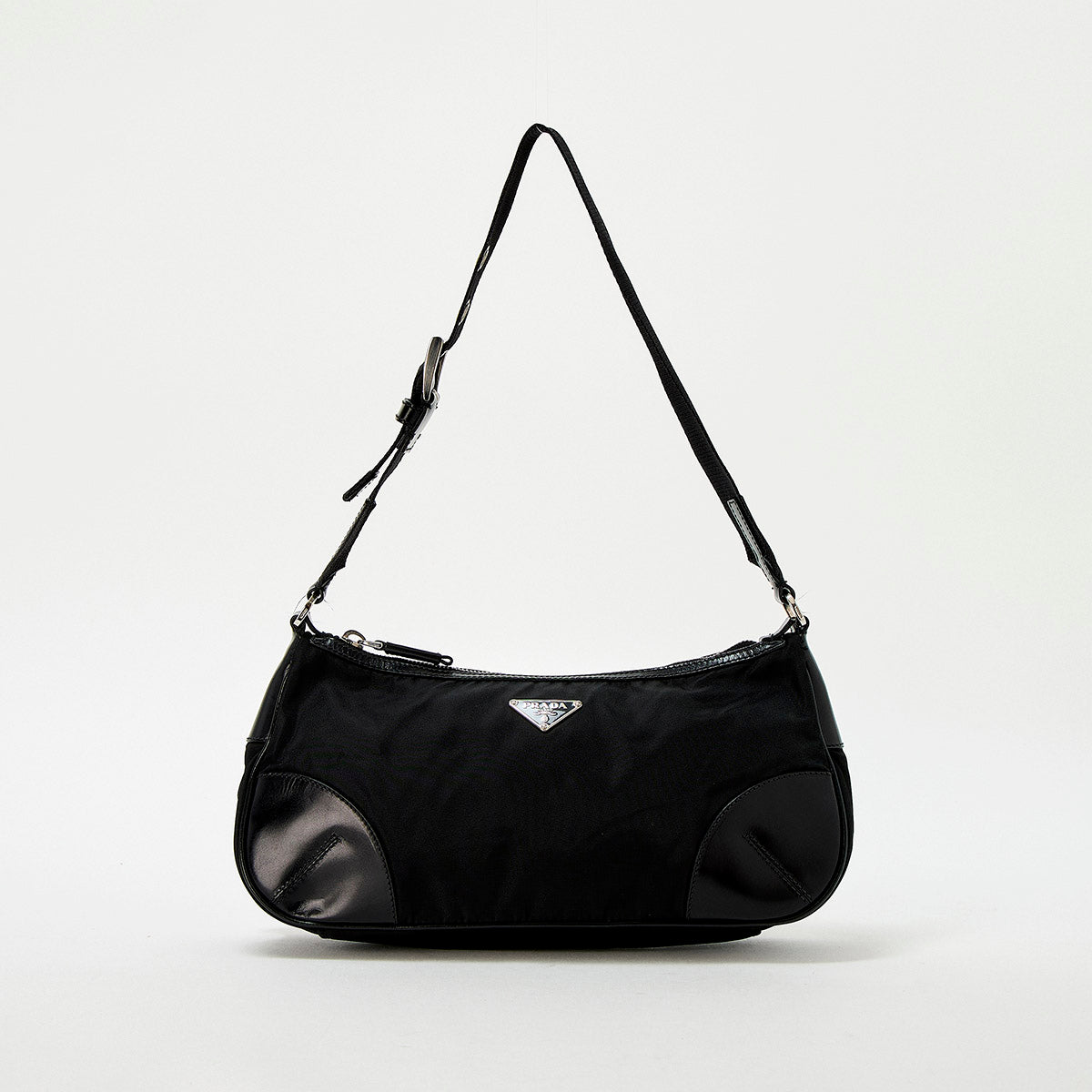 PRADA Triangle Shoulder Bag Black Silver Tessuto Auth