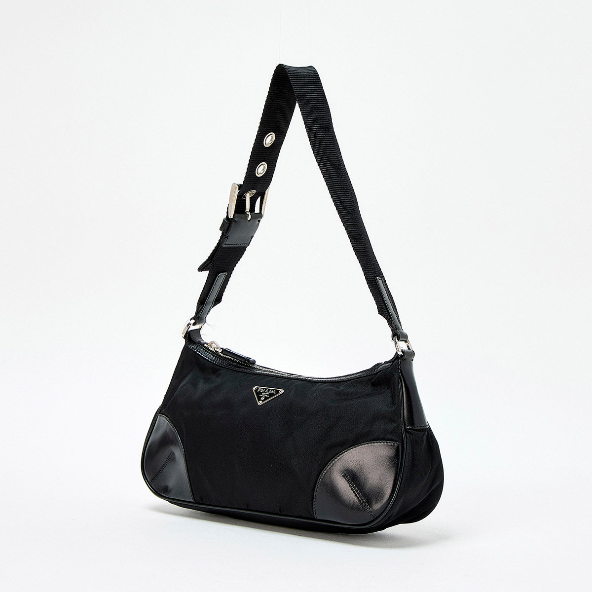 PRADA Triangle Shoulder Bag Black Silver Tessuto Auth
