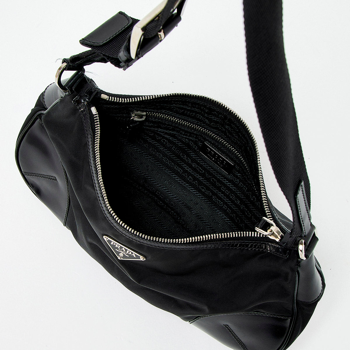 PRADA Triangle Shoulder Bag Black Silver Tessuto Auth