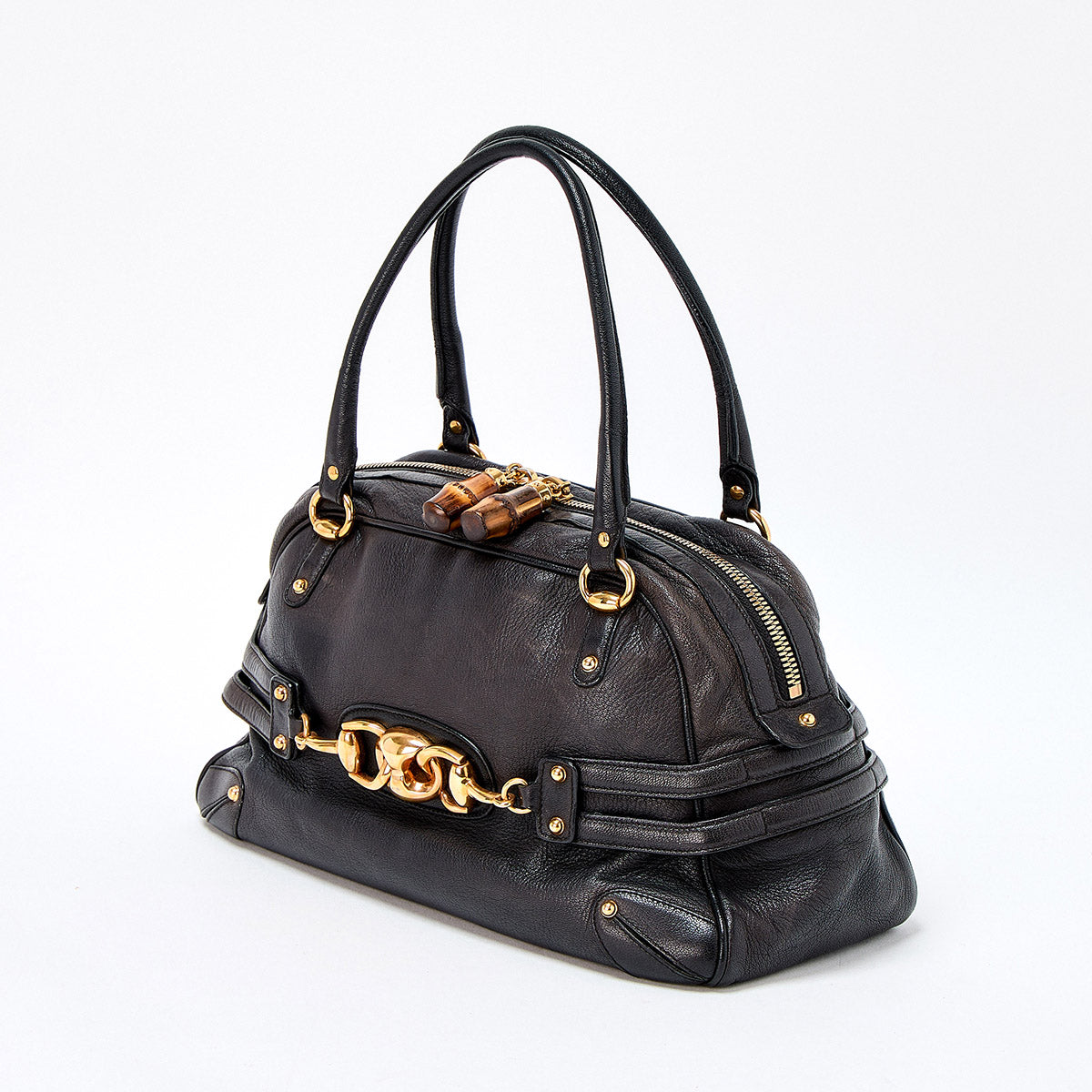 GUCCI Horsebit Hand Bag Black Gold Leather Auth