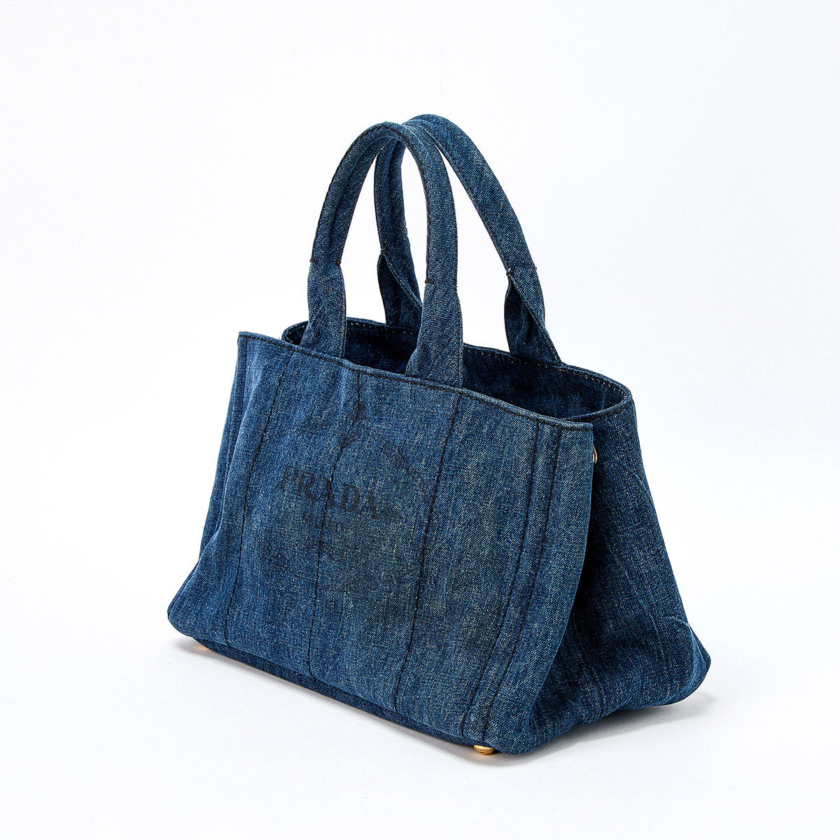 PRADA Triangle Hand Bag Blue Gold Denim Auth