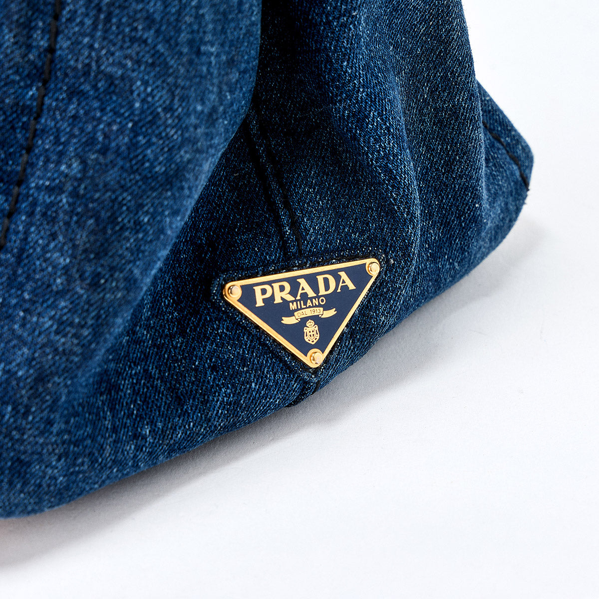 PRADA Triangle Hand Bag Blue Gold Denim Auth