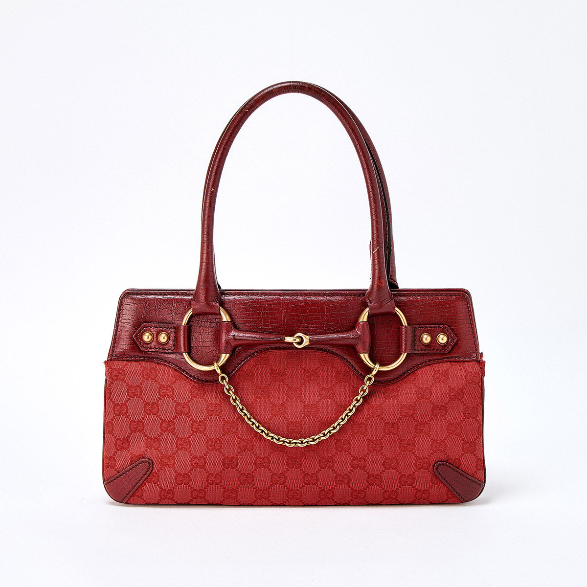GUCCI Horsebit GG Canvas Shoulder Bag Red Gold Canvas Auth