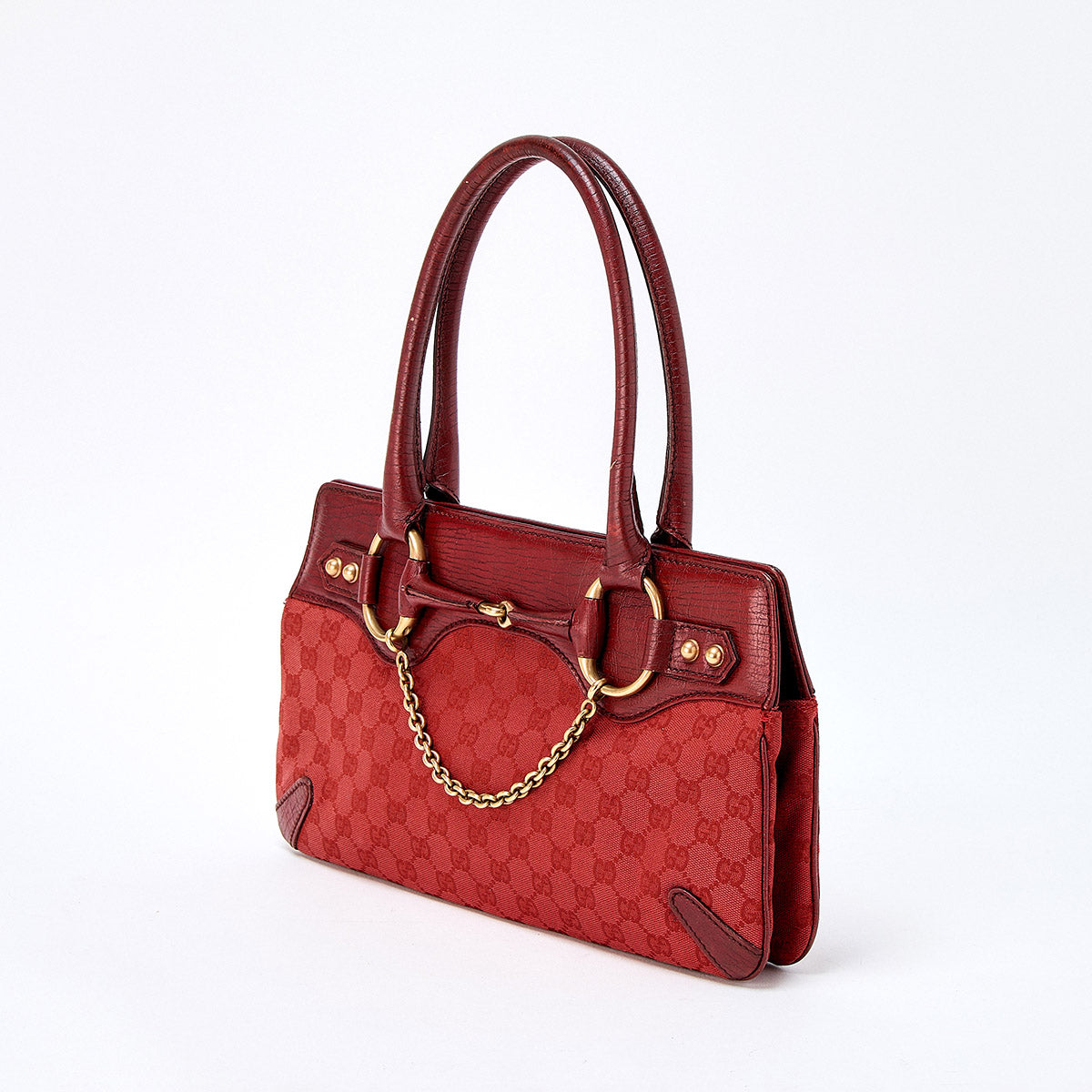 GUCCI Horsebit GG Canvas Shoulder Bag Red Gold Canvas Auth