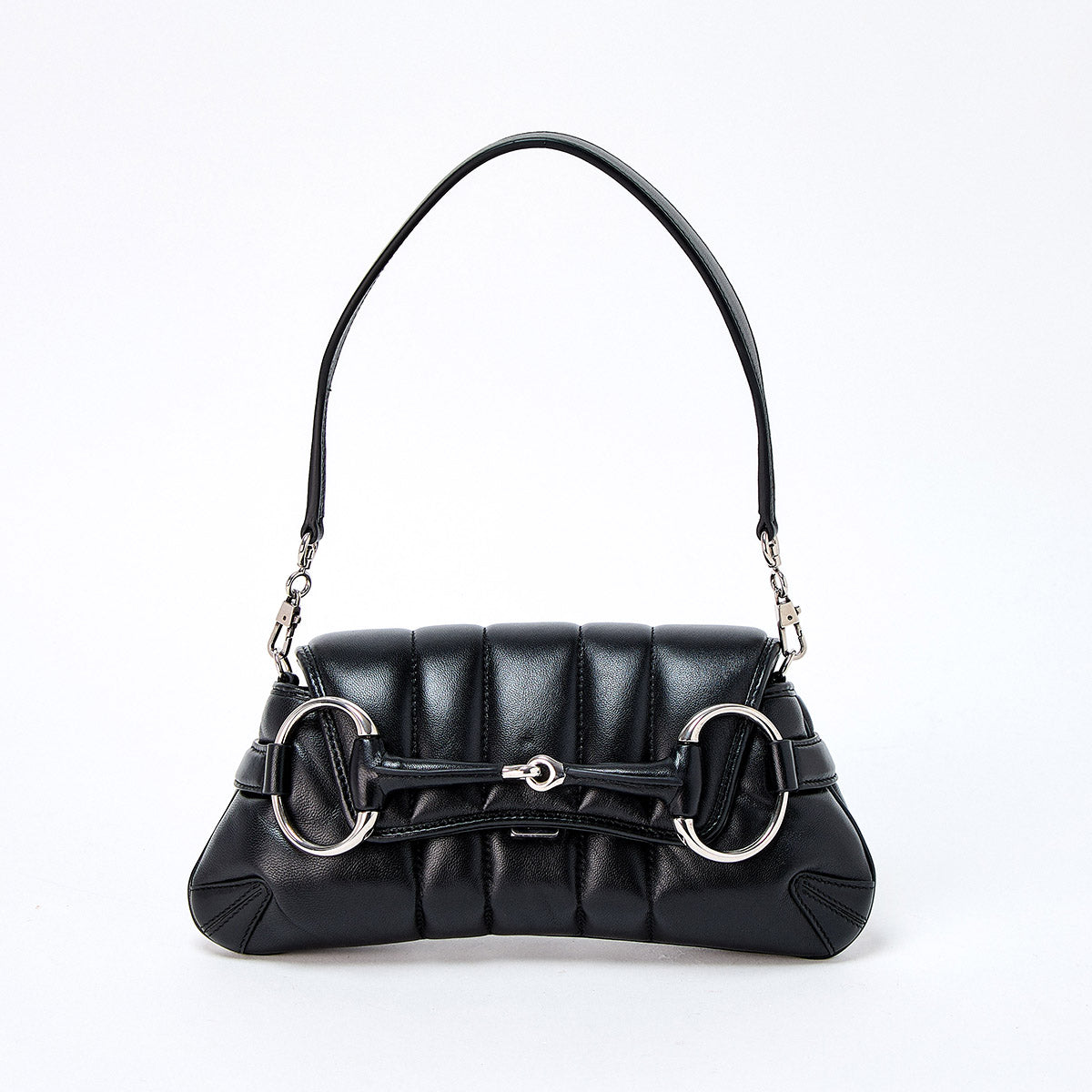GUCCI Horsebit Shoulder Bag Black Silver Leather Auth