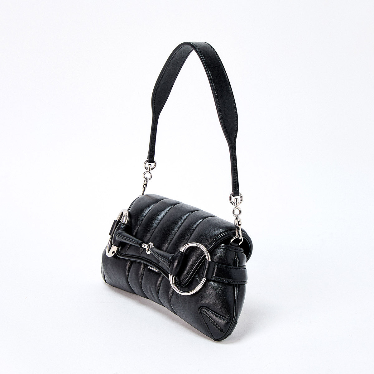 GUCCI Horsebit Shoulder Bag Black Silver Leather Auth