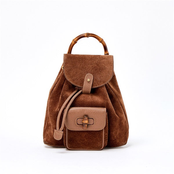 GUCCI Bamboo Backpack Brown Gold Suede