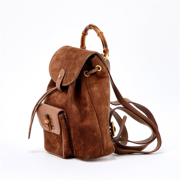 GUCCI Bamboo Backpack Brown Gold Suede