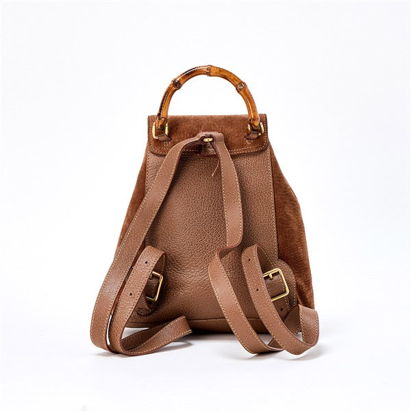 GUCCI Bamboo Backpack Brown Gold Suede