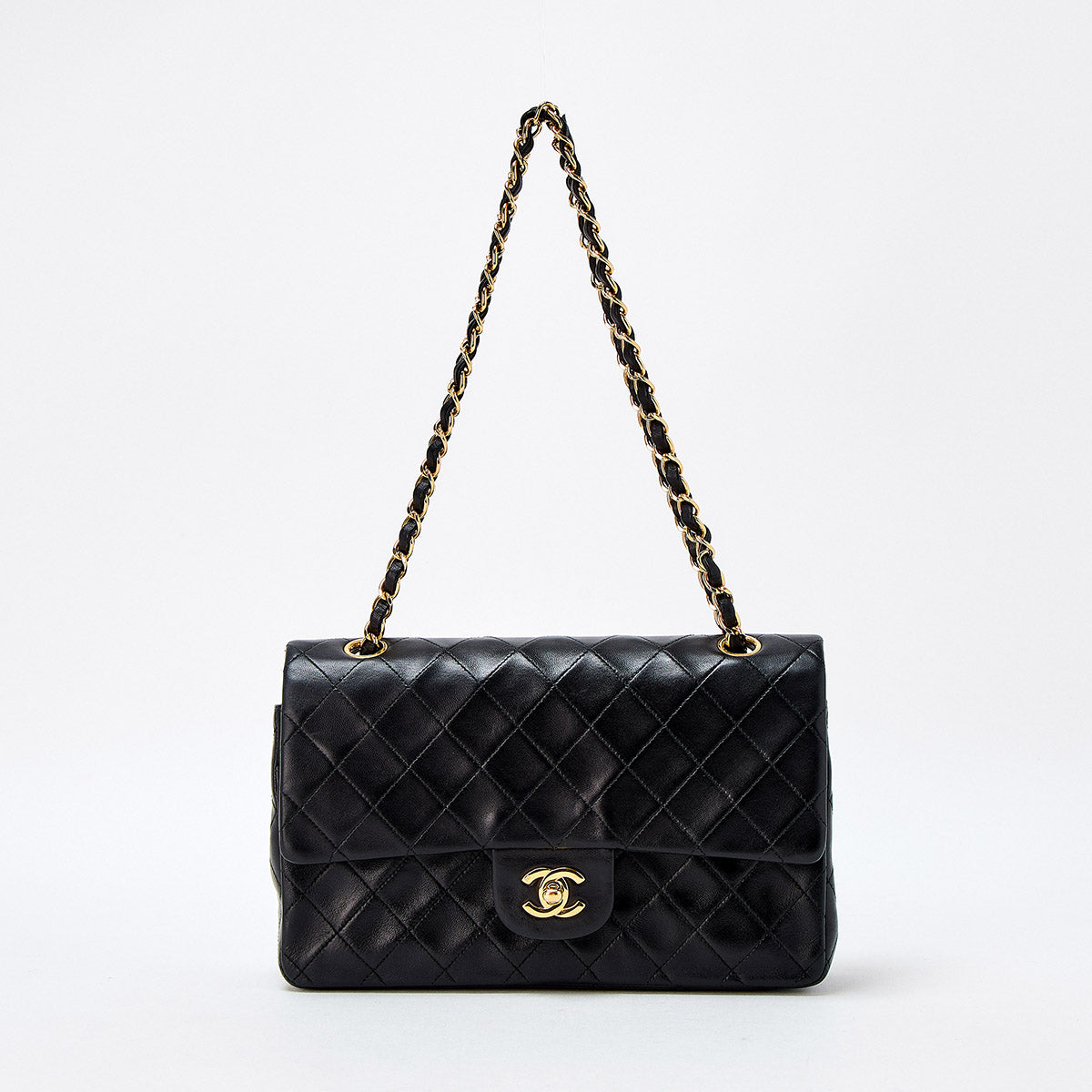 CHANEL Matelasse 25 Double Flap Double Chain 1998 Shoulder Bag Black Gold Lambskin
