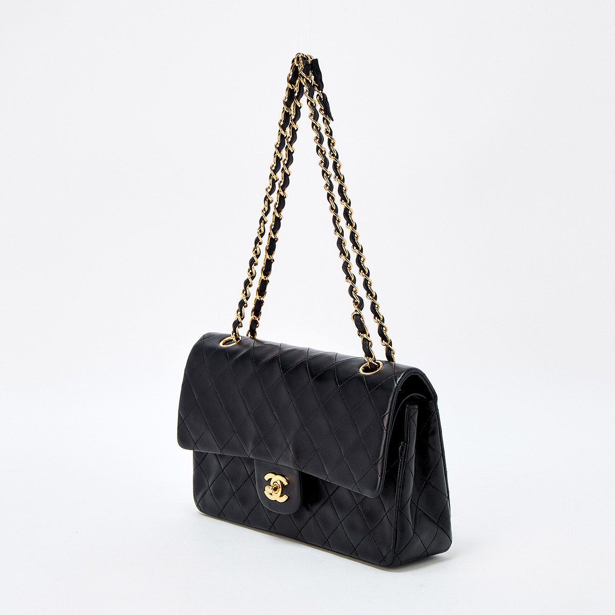 CHANEL Matelasse 25 Double Flap Double Chain 1998 Shoulder Bag Black Gold Lambskin