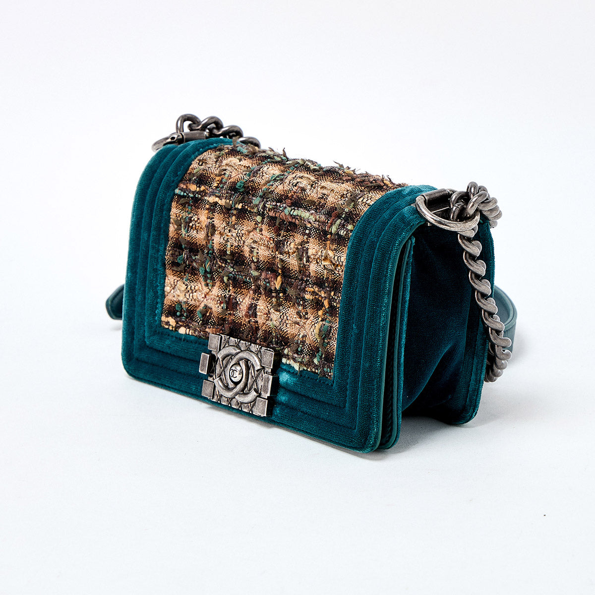 CHANEL Boy Chanel Single Flap Double Chain Small 2014 Shoulder Bag Green Brown Silver Velour Auth