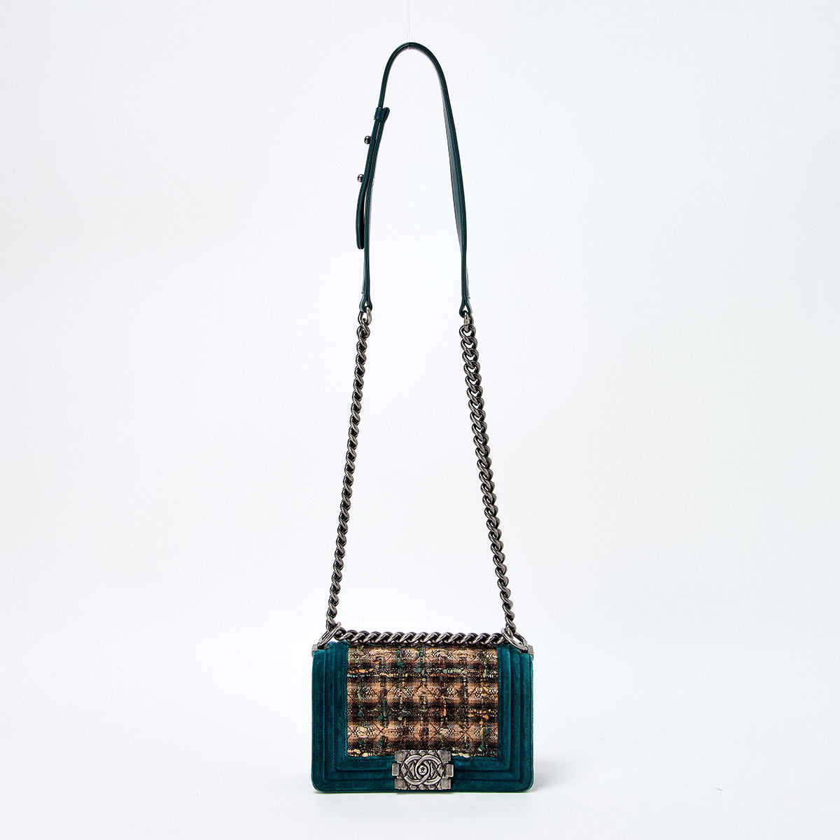 CHANEL Boy Chanel Single Flap Double Chain Small 2014 Shoulder Bag Green Brown Silver Velour Auth