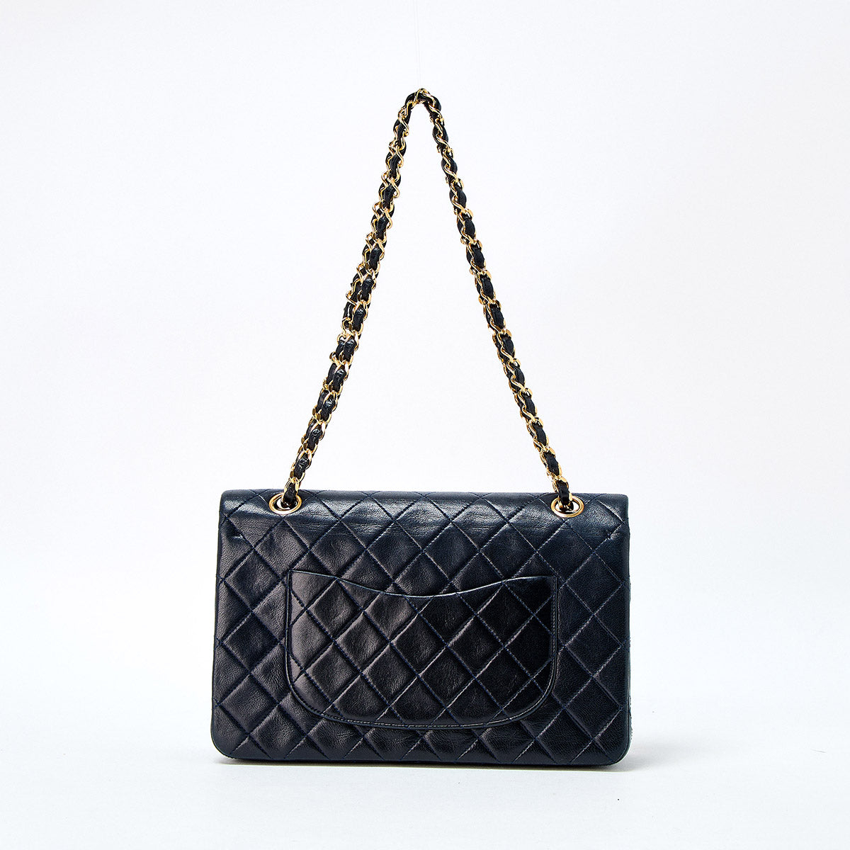 CHANEL Matelasse 25 Double Flap Double Chain 1985-1990 Shoulder Bag Navy Gold Lamb Skin Auth