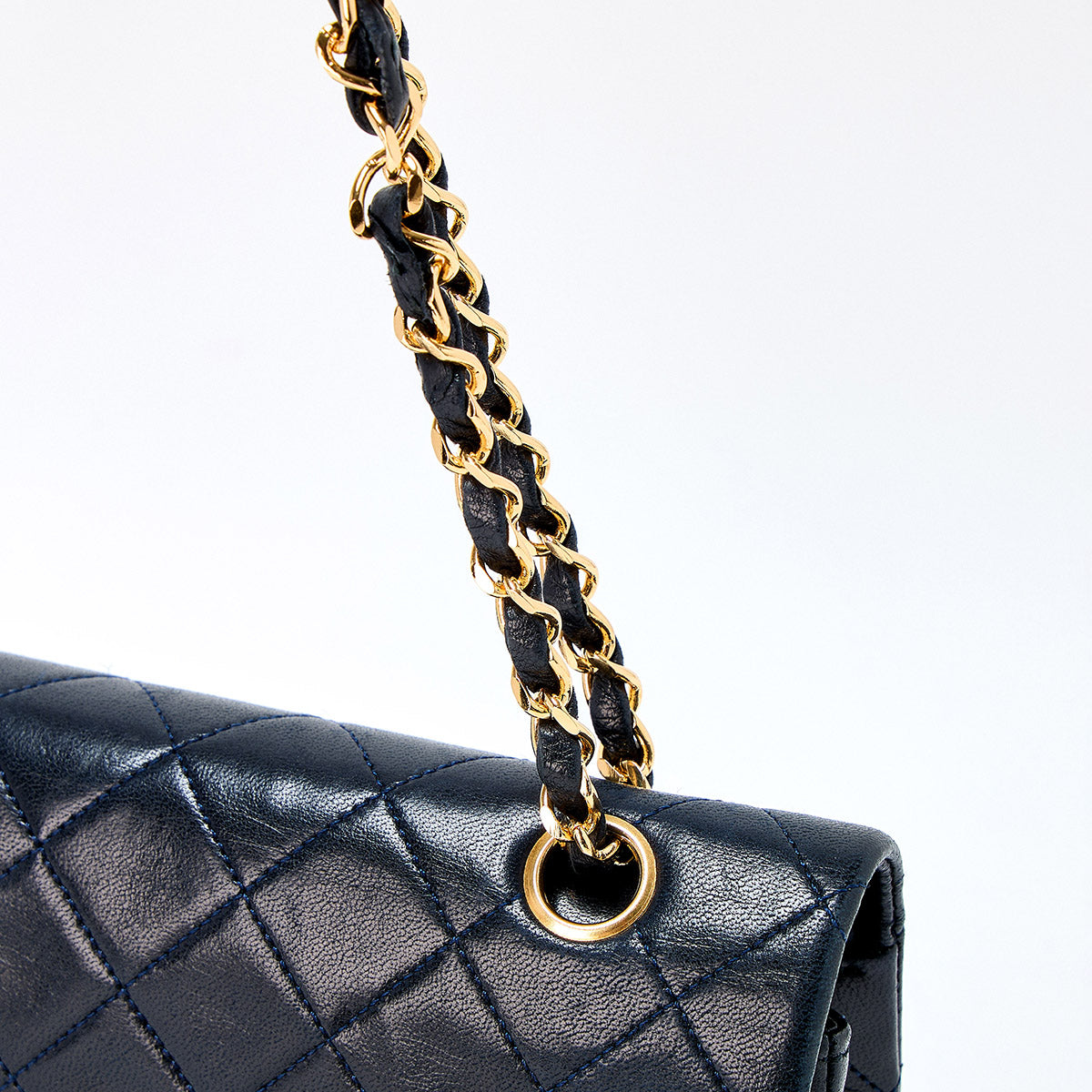 CHANEL Matelasse 25 Double Flap Double Chain 1985-1990 Shoulder Bag Navy Gold Lamb Skin Auth