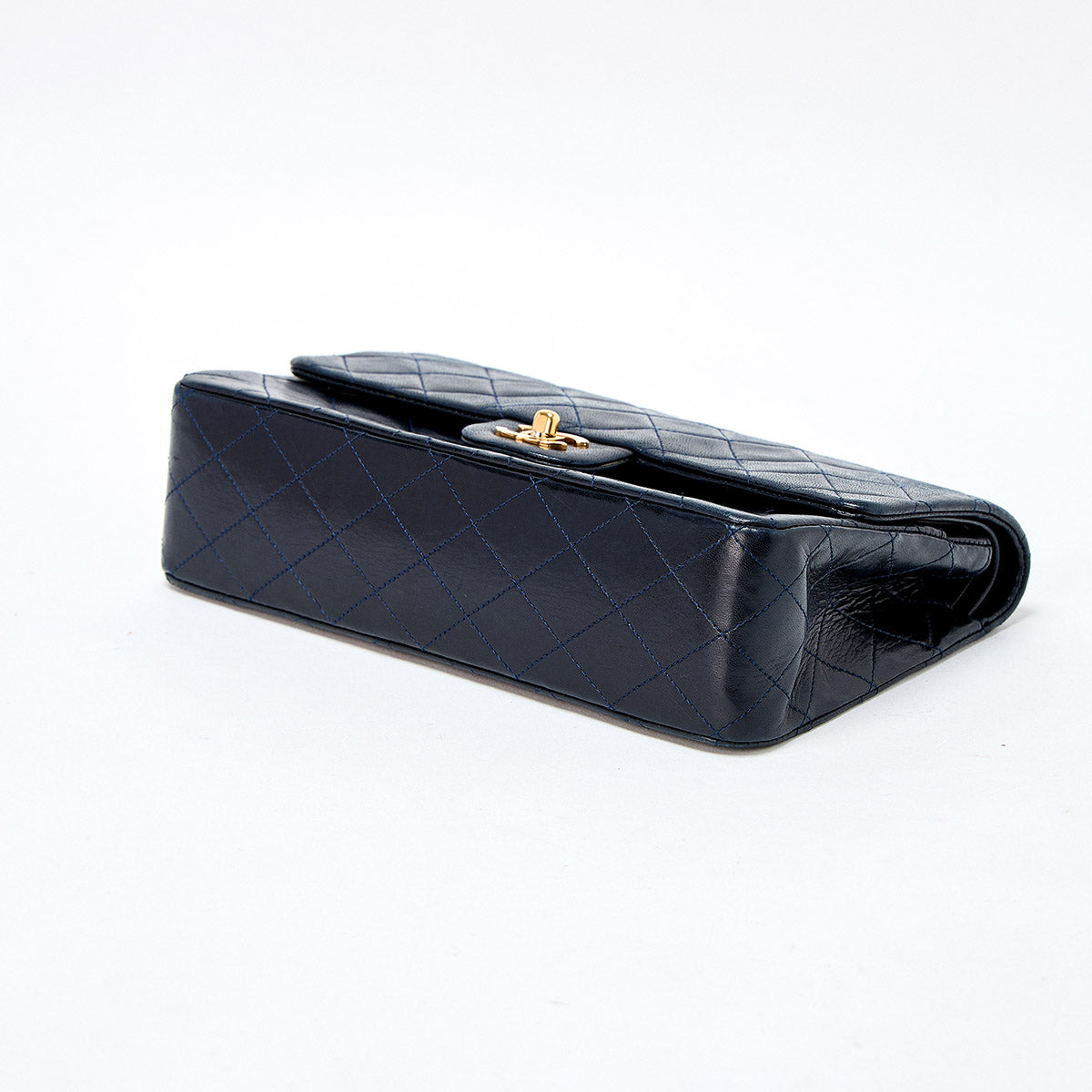 CHANEL Matelasse 25 Double Flap Double Chain 1985-1990 Shoulder Bag Navy Gold Lamb Skin Auth