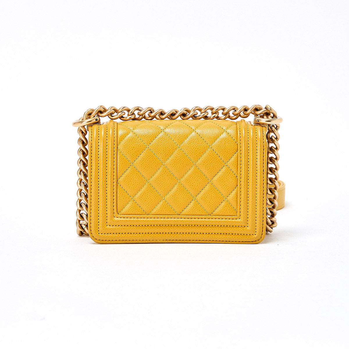 CHANEL Boy Chanel Single Flap Double Chain Shoulder Bag 2021 and later Yellow Matte Gold Caviar Skin Auth