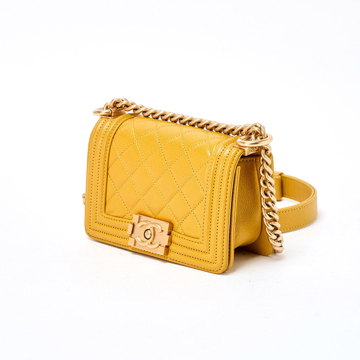 CHANEL Boy Chanel Single Flap Double Chain Shoulder Bag 2021 and later Yellow Matte Gold Caviar Skin Auth