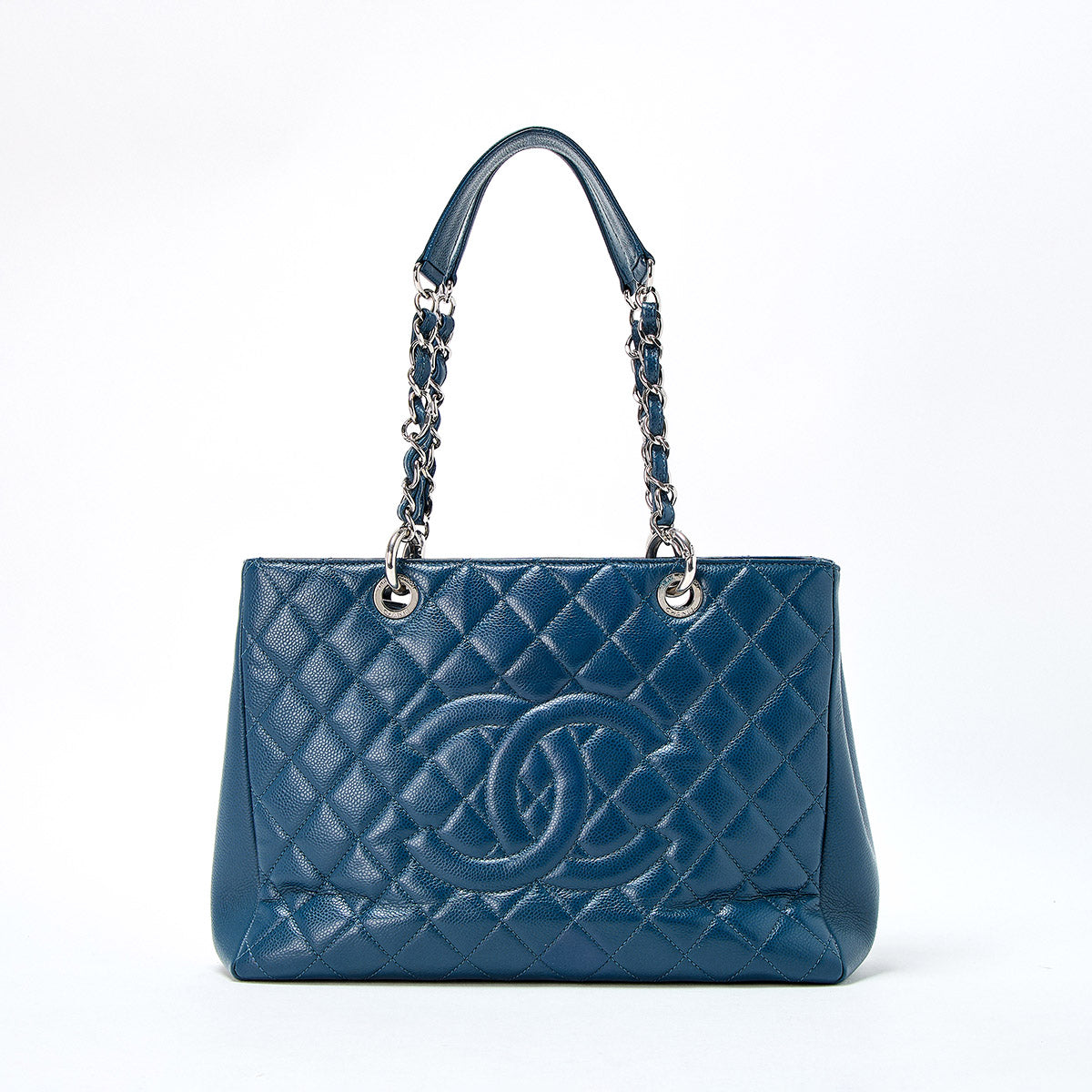 CHANEL GST Chain Tote 2013 Tote Bag Blue Silver Caviar Skin Auth