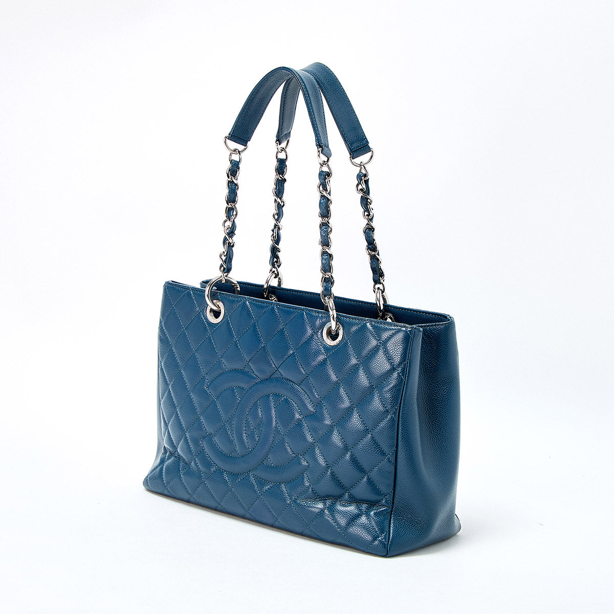 CHANEL GST Chain Tote 2013 Tote Bag Blue Silver Caviar Skin Auth