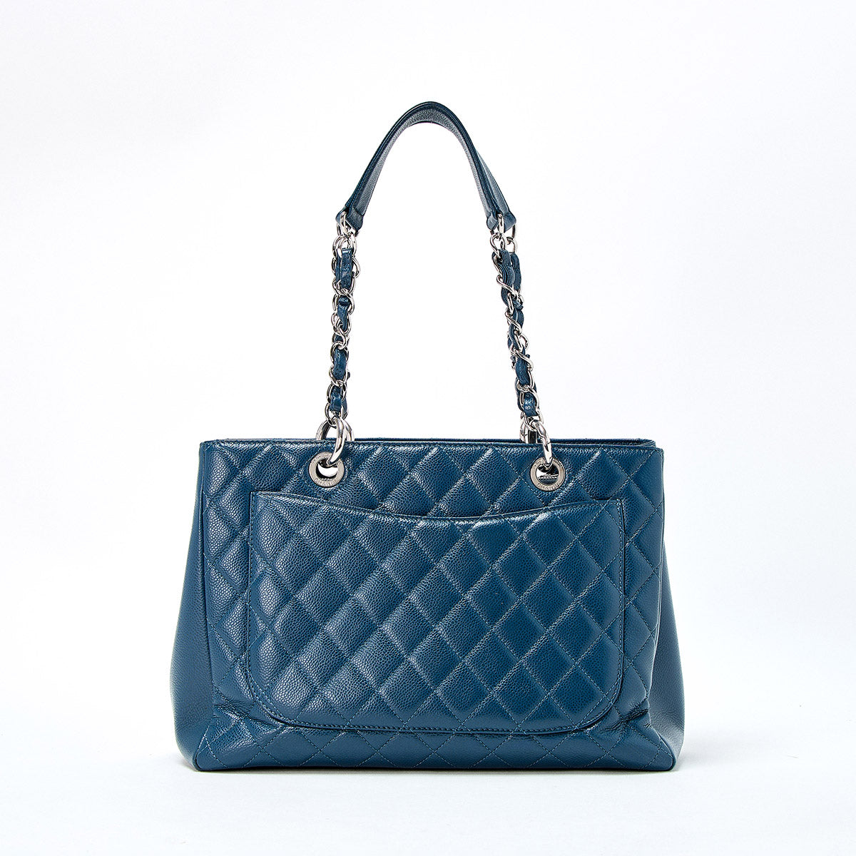 CHANEL GST Chain Tote 2013 Tote Bag Blue Silver Caviar Skin Auth