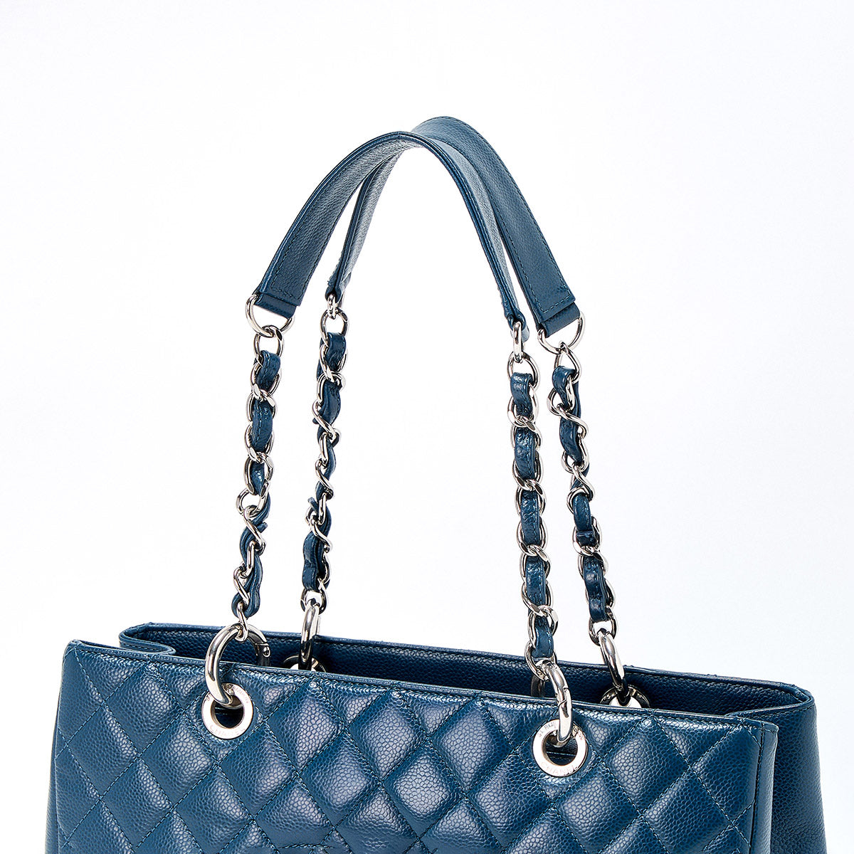 CHANEL GST Chain Tote 2013 Tote Bag Blue Silver Caviar Skin Auth