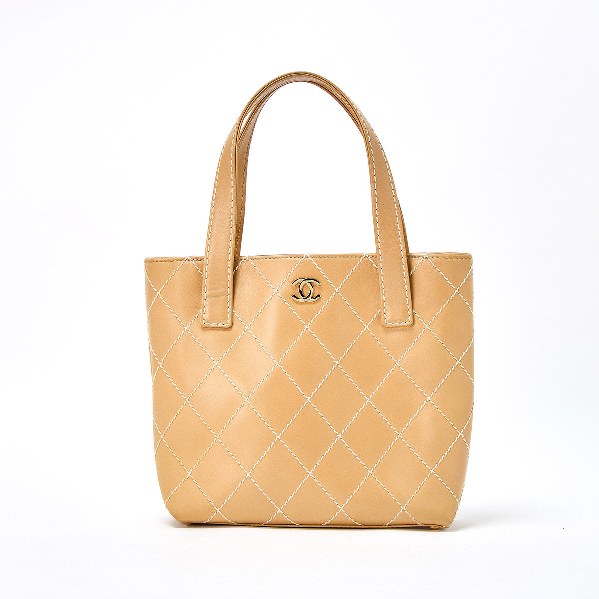 CHANEL Wild Stitch 2002 Tote Bag Beige Gold Calf Skin Auth