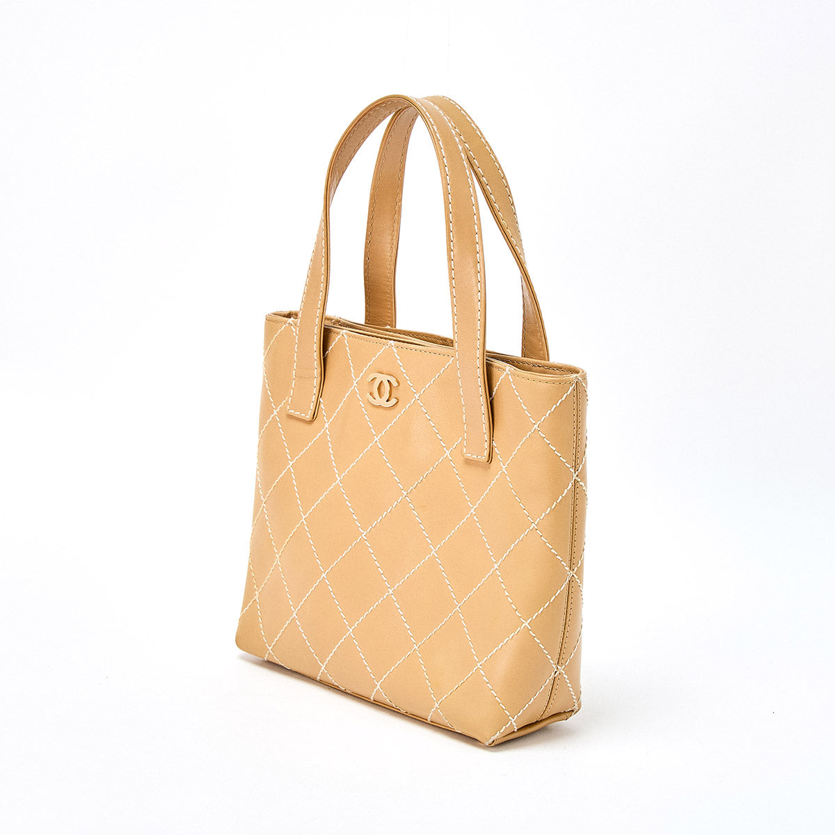 CHANEL Wild Stitch 2002 Tote Bag Beige Gold Calf Skin Auth