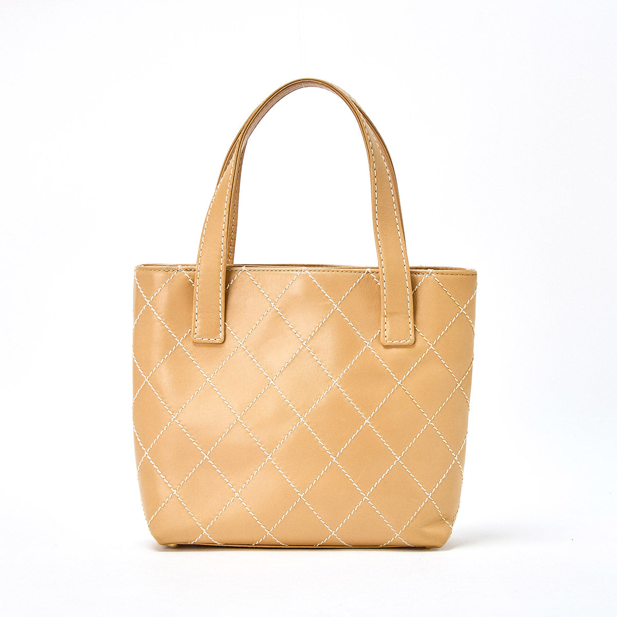 CHANEL Wild Stitch 2002 Tote Bag Beige Gold Calf Skin Auth