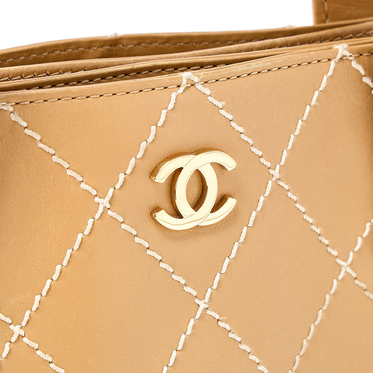 CHANEL Wild Stitch 2002 Tote Bag Beige Gold Calf Skin Auth