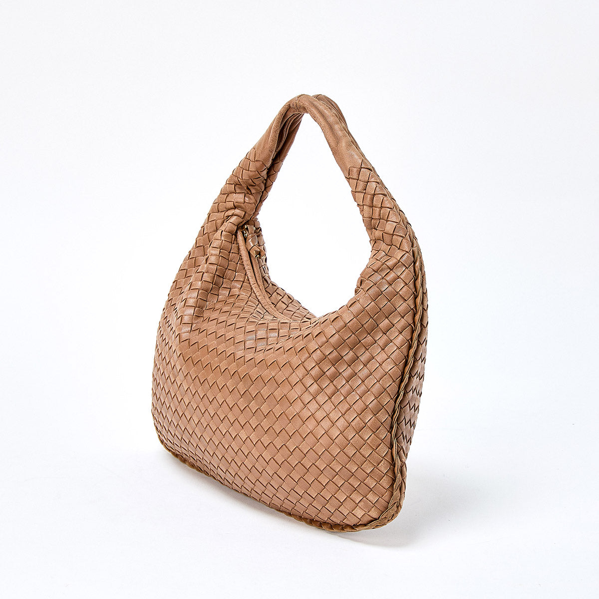 BOTTEGA VENETA Classic INTRECCIATO Shoulder Bag Light Brown Gold Leather Auth