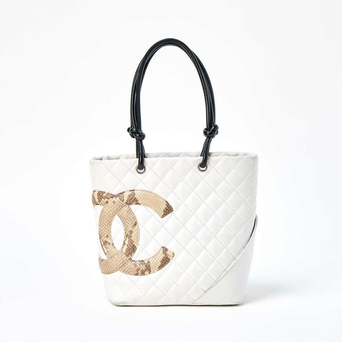 CHANEL Cambon Medium 2005 Hand Bag White Brown Lamb Skin Auth