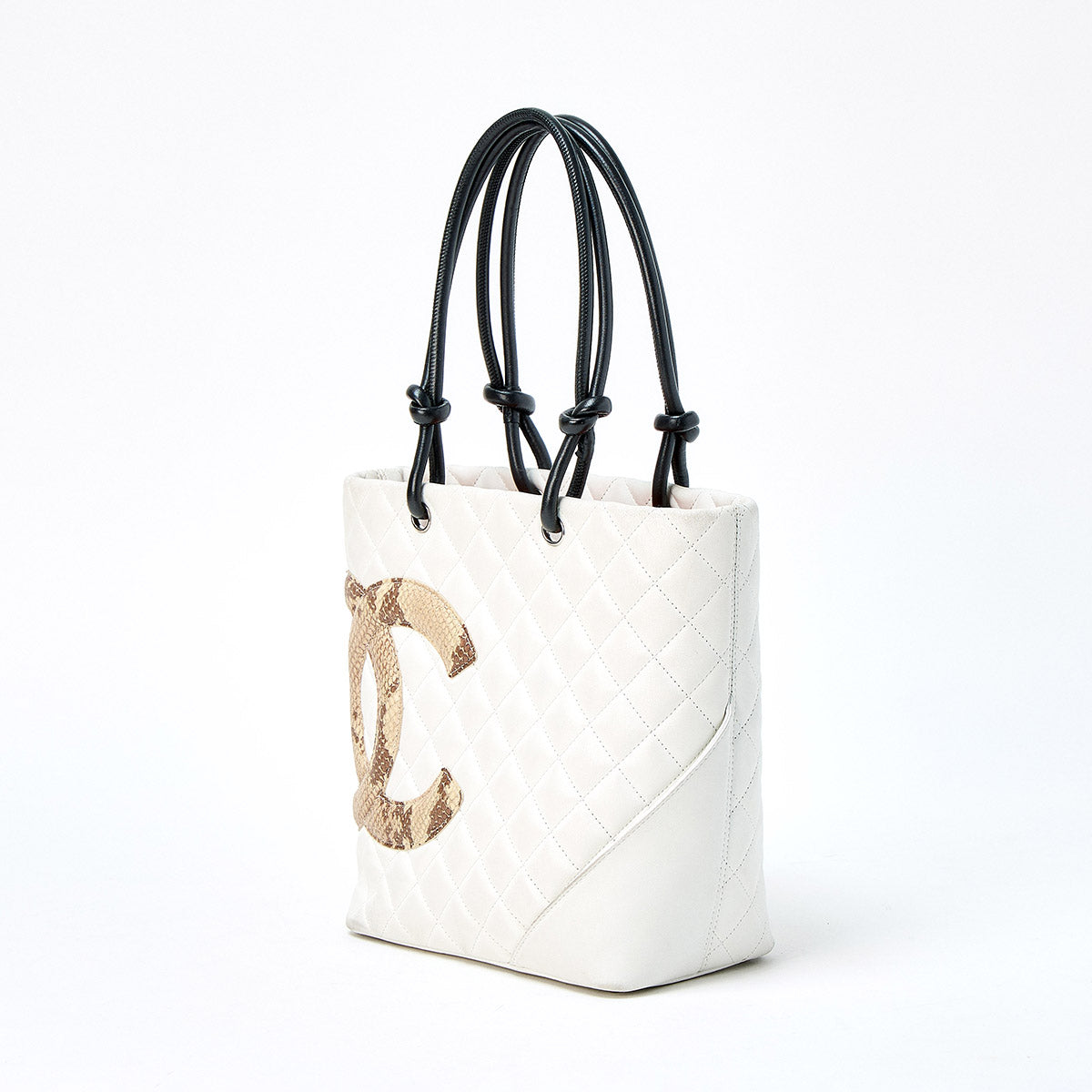 CHANEL Cambon Medium 2005 Hand Bag White Brown Lamb Skin Auth